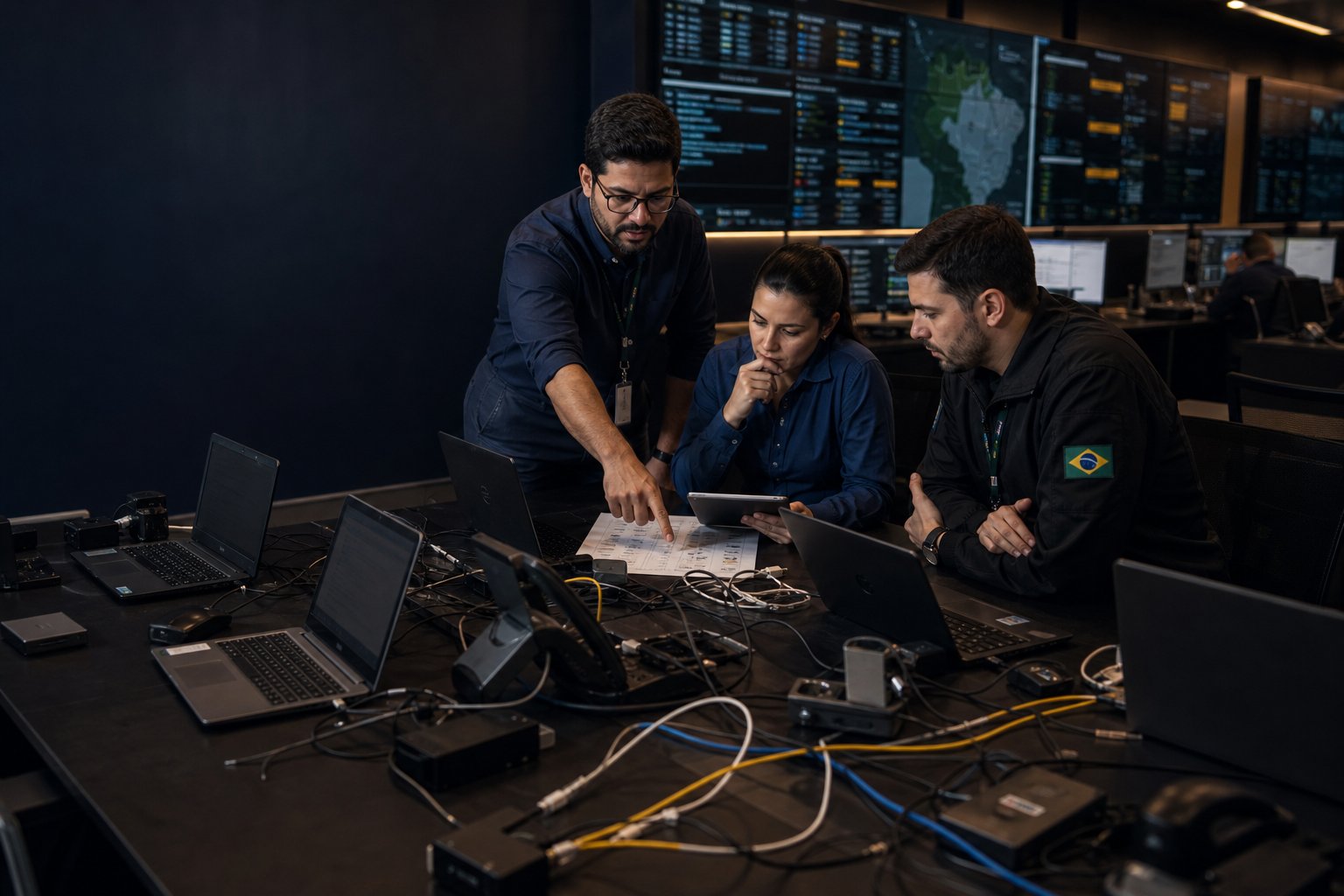 Equipe reconcilia dispositivos e integrações separados em um centro de operações.
