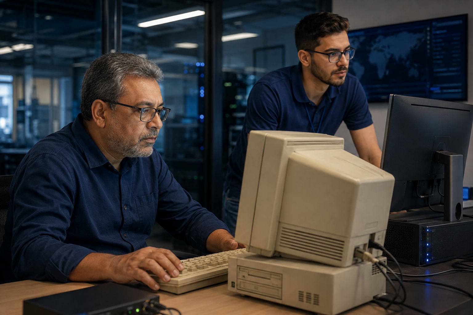 Operador experiente e especialista acompanham o uso controlado de um terminal legado.