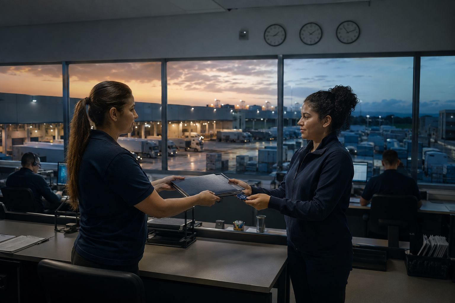 Operadoras fazem uma passagem de caso entre turnos enquanto a logística continua.