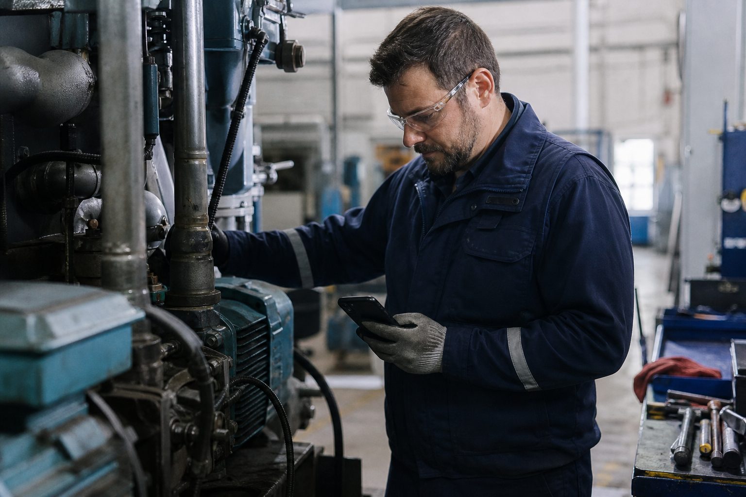 Técnico registra uma solicitação enquanto inspeciona um equipamento.
