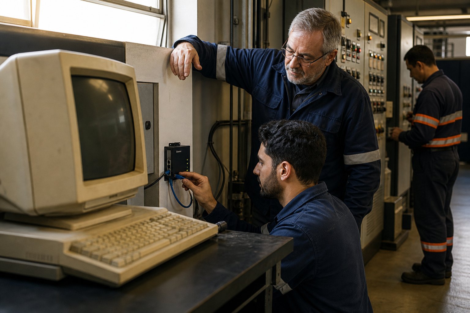 Profissionais conectam um adaptador controlado a um sistema industrial existente sem interromper sua operação.