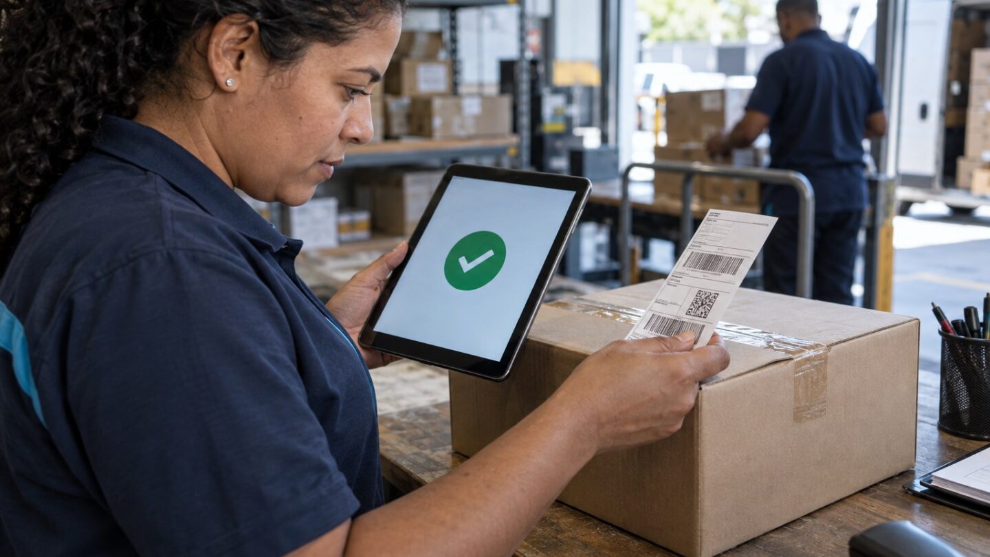 Profissional confere o resultado no dispositivo e o registro da encomenda.