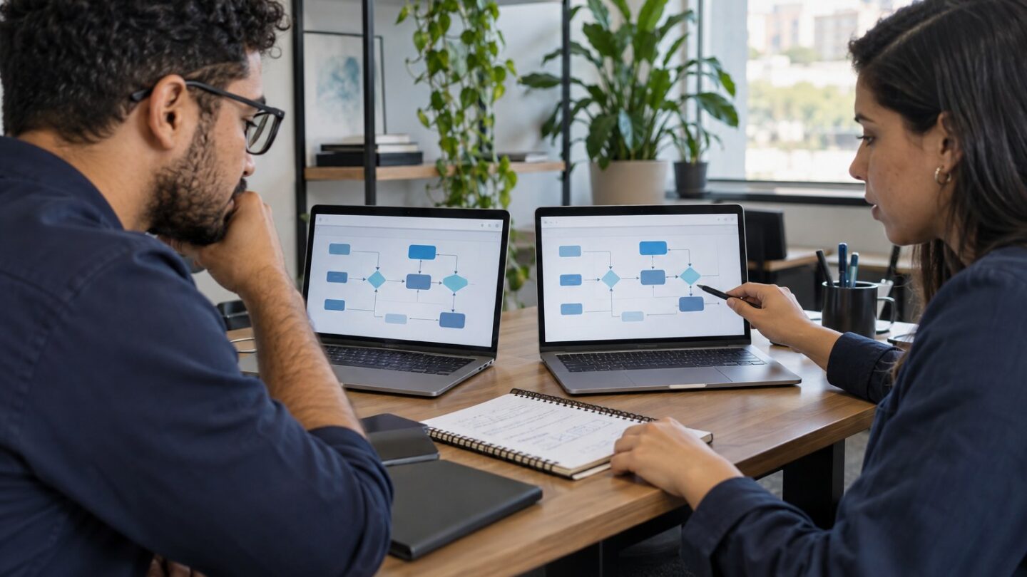 Engenheiros comparam duas configurações de um fluxo em computadores separados.