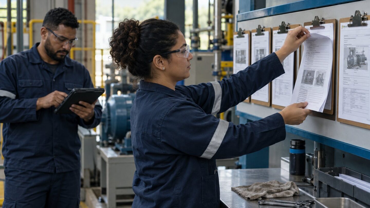 Supervisora atualiza um procedimento enquanto um colega confere dependências.