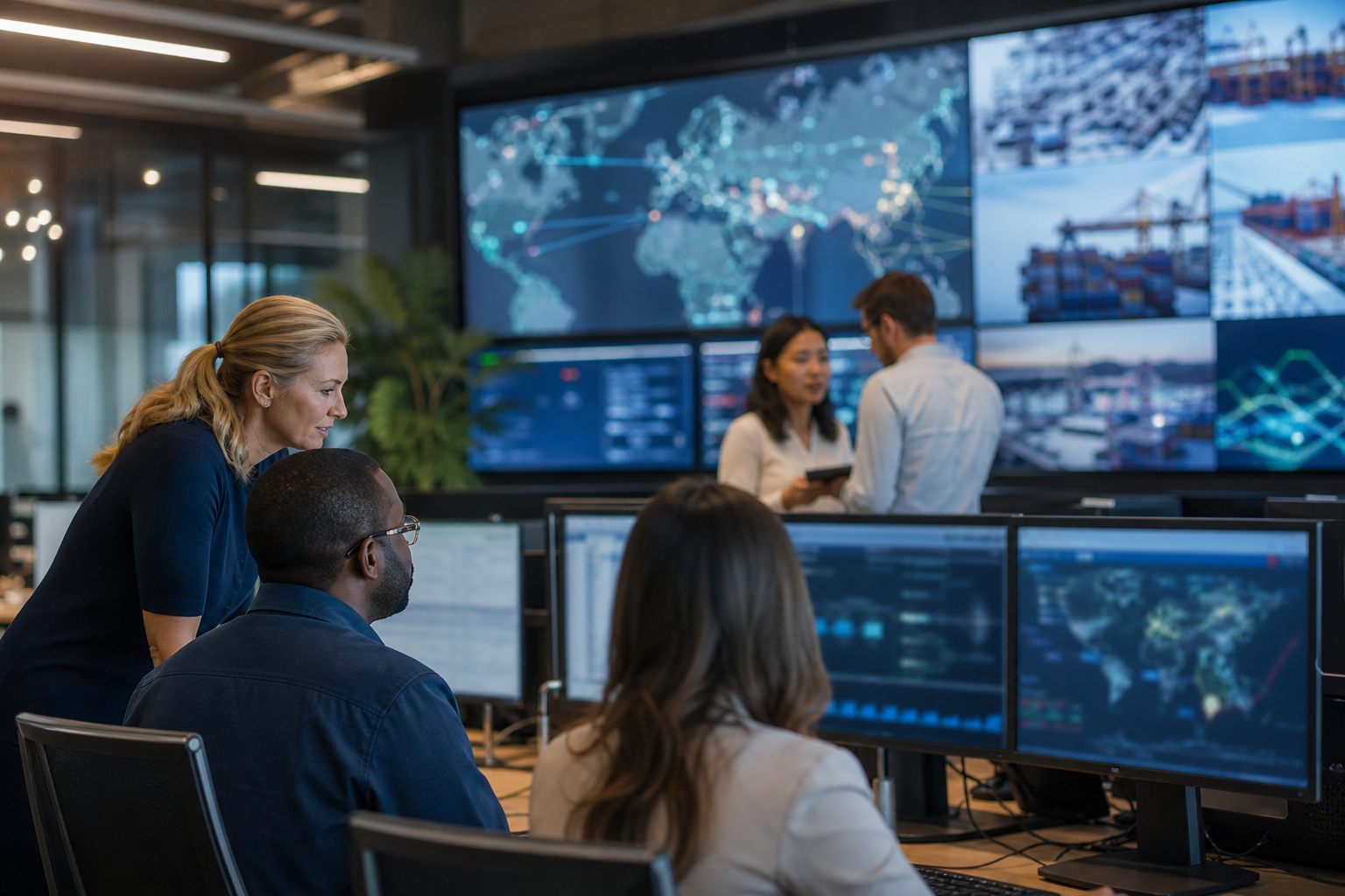 Equipe acompanha dados e eventos em uma torre de controle operacional.