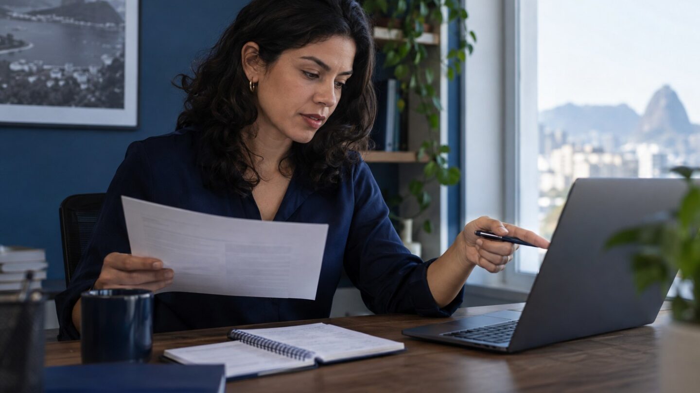 Analista compara um procedimento impresso com a configuração de trabalho no computador.