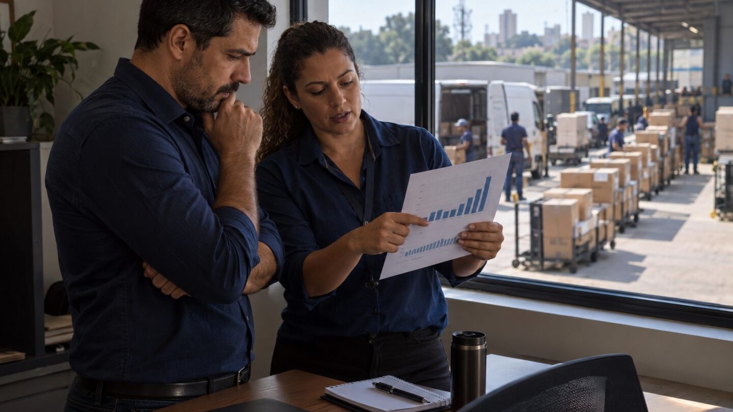 Equipe compara registros de uma automação com os resultados da operação.