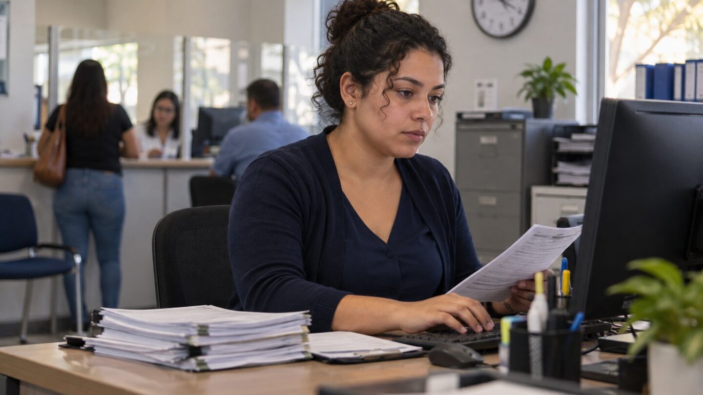 Profissional organiza uma mesa com documentos e tarefas manuais acumuladas.