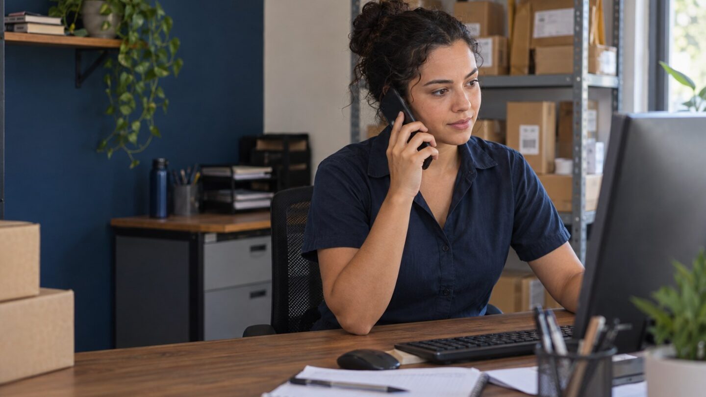 Atendente acompanha uma conversa pelo telefone em uma mesa de trabalho.